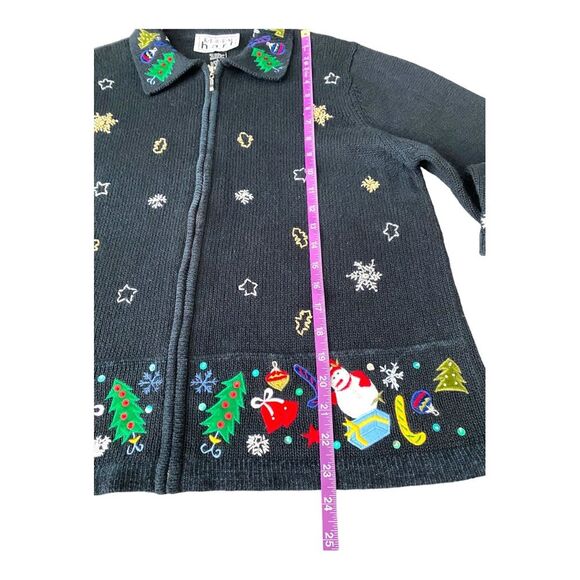 Keren Hart Vintage Embroidered Christmas Zip Up Black Cardigan, Size‎ Large - Picture 10 of 11